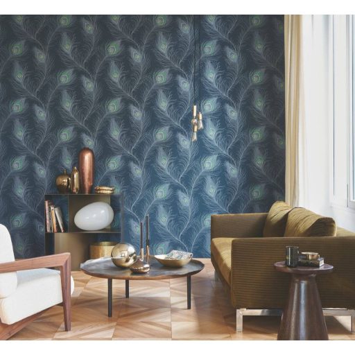 Boák legyezők és tollas fejdíszek ihlette művészi tollmotívum éjkék aranyló-petrolzöld ezüstös-szürkéskék és arany irizáló hatás tapéta