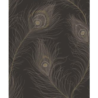   Boák legyezők és tollas fejdíszek ihlette művészi tollmotívum sötétbarna/antracit barna arany ezüst és bézsarany tónus irizáló hatás tapéta
