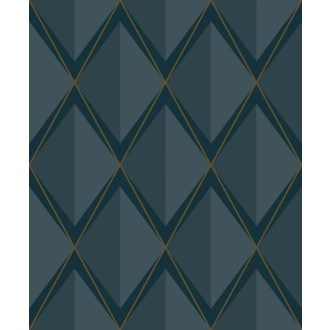   Rombuszrácsok kifejező bravúros és elképesztő art deco 3D mintája petrolkék ezüstös-kék antracit és arany tónus fémes részletek tapéta