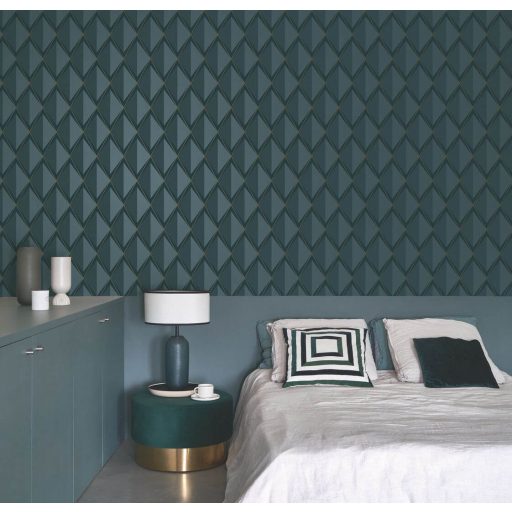 Rombuszrácsok kifejező bravúros és elképesztő art deco 3D mintája petrolkék ezüstös-kék antracit és arany tónus fémes részletek tapéta