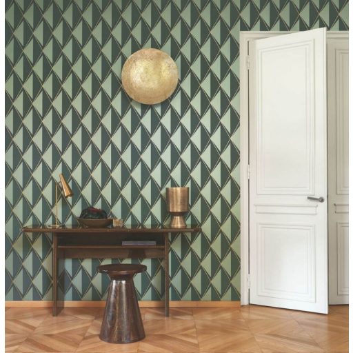 Rombuszrácsok kifejező bravúros és elképesztő art deco 3D mintája tajgazöld ezüstös-zöld antracit és arany tónus fémes részletek tapéta