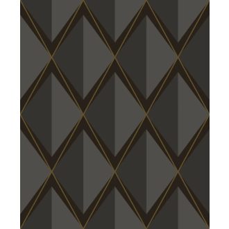   Rombuszrácsok kifejező bravúros és elképesztő art deco 3D mintája sötétszürke ezüst faszénfekete és arany tónus fémes részletek tapéta