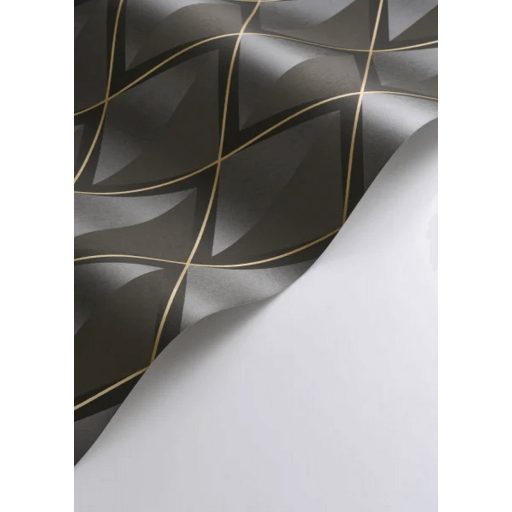 Rombuszrácsok kifejező bravúros és elképesztő art deco 3D mintája sötétszürke ezüst faszénfekete és arany tónus fémes részletek tapéta