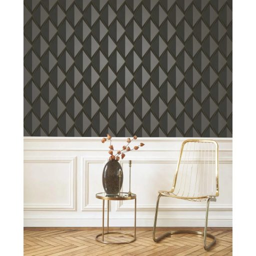 Rombuszrácsok kifejező bravúros és elképesztő art deco 3D mintája sötétszürke ezüst faszénfekete és arany tónus fémes részletek tapéta