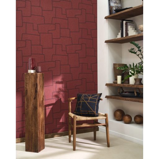 Titokzatos szabálytalan geometrikus formák inka művészeti inspirációja meggypiros bordó és kék tónus tapéta