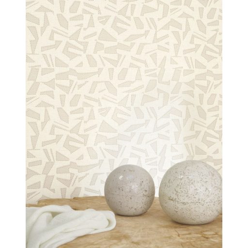 Belső öltésekkel díszített szabálytalan formák etnikai mintája krémfehér homokszín/szürkésbézs és arany tónus finom mintafény tapéta