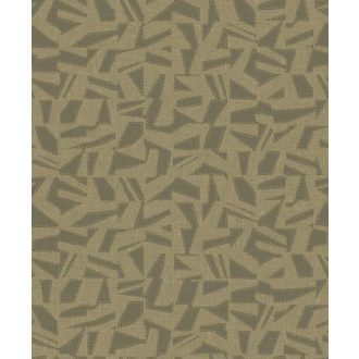   Belső öltésekkel díszített szabálytalan formák etnikai mintája dohányszín (tabak) zöldesbarna (olív) és arany tónus finom mintafény tapéta