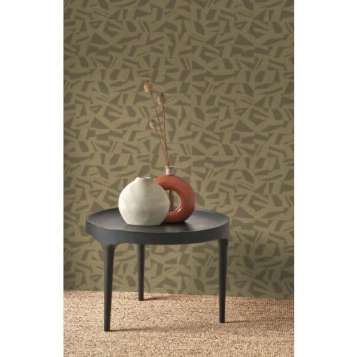 Belső öltésekkel díszített szabálytalan formák etnikai mintája dohányszín (tabak) zöldesbarna (olív) és arany tónus finom mintafény tapéta