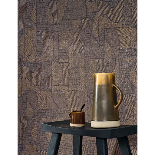 Dél-amerikai patchwork és a hagyományos textil kortárs geometriai mintája sötét tintakék és vörösréz/bronz tónus fémes hatás tapéta