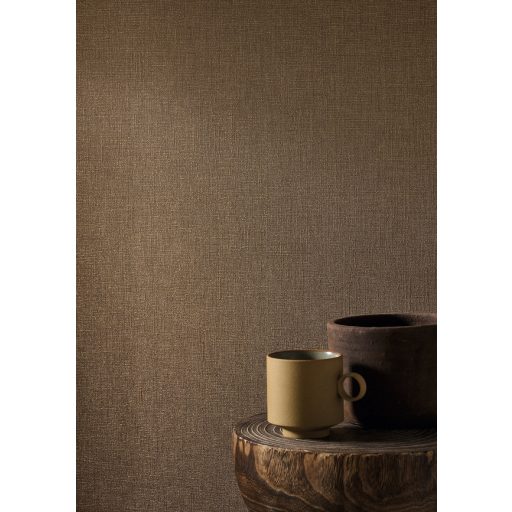 Természetes és időtlen egyszínű vászonminta gyönyörű szövéssel kakaóbarna és arany tónus finom fény tapéta