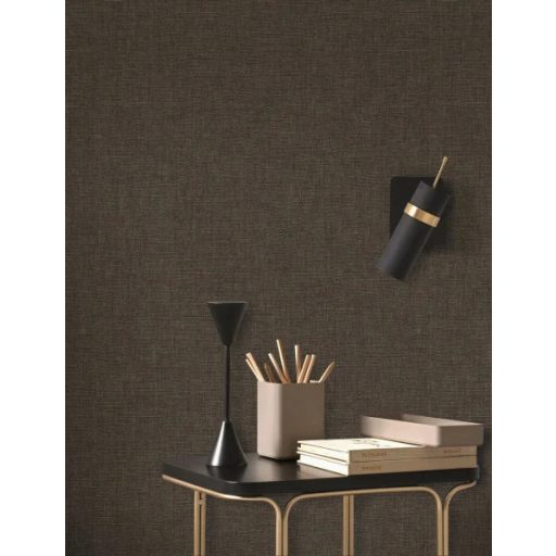 Természetes és időtlen egyszínű vászonminta gyönyörű szövéssel sötétbarna/faszénszürke és arany tónus finom fény tapéta