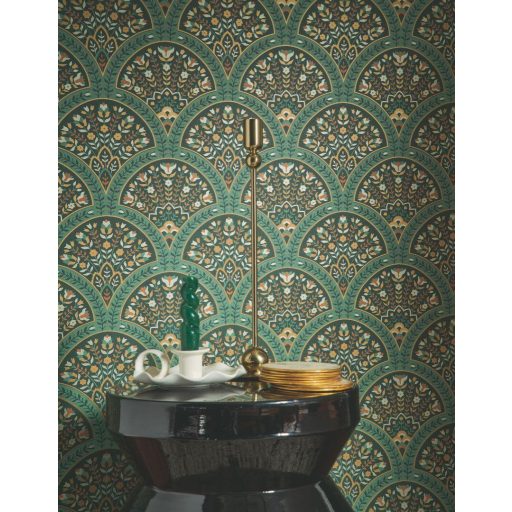 Báltermi csoda art deco jegyekkel - finom díszítésű legyezőmotívum lombzöld sötétzöld terrakotta és fémes arany és ezüst tónus tapéta