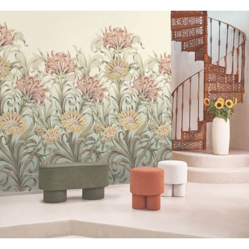 "Szirmokból szőtt tüllszoknyák" Dekoratív kecses virágok ornamentikája "S" pasztell színek - finom bézs rózsaszín és zöld tónus falpanel