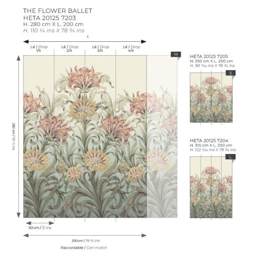 "Szirmokból szőtt tüllszoknyák" Dekoratív kecses virágok ornamentikája "S" pasztell színek - finom bézs rózsaszín és zöld tónus falpanel