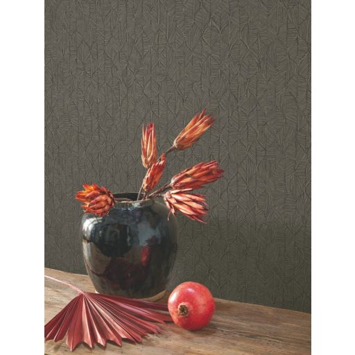 Vizuális csemege! Kifinomult stilizált texturált kis levélmintázat szénfekete és arany tónus tapéta