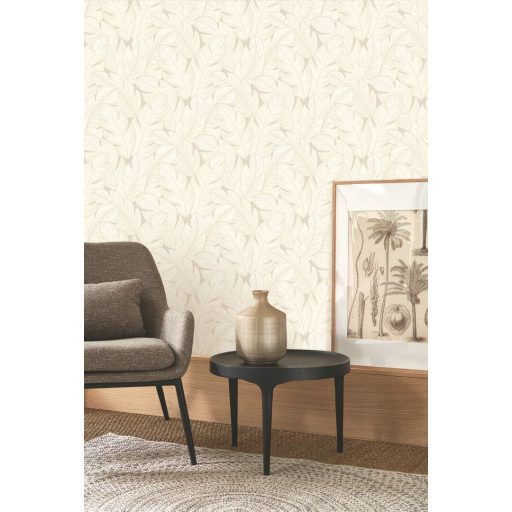 Könnyedén lebegő nagy texturált levelek mintája forradalmasítja a teret krém bézs és írisz tónus tapéta