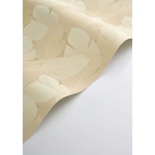 Könnyedén lebegő nagy texturált levelek mintája forradalmasítja a teret bézs/homokszín és aranyló-vajszín tónus tapéta