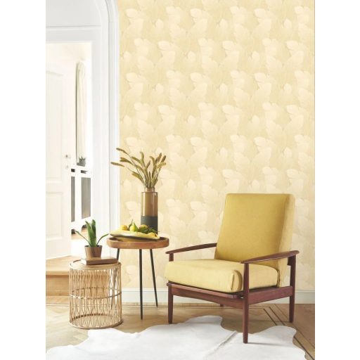 Könnyedén lebegő nagy texturált levelek mintája forradalmasítja a teret bézs/homokszín és aranyló-vajszín tónus tapéta