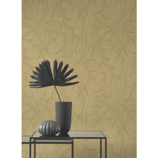 Könnyedén lebegő nagy texturált levelek mintája forradalmasítja a teret mézbarna/aranybarna és fémes arany tónus tapéta