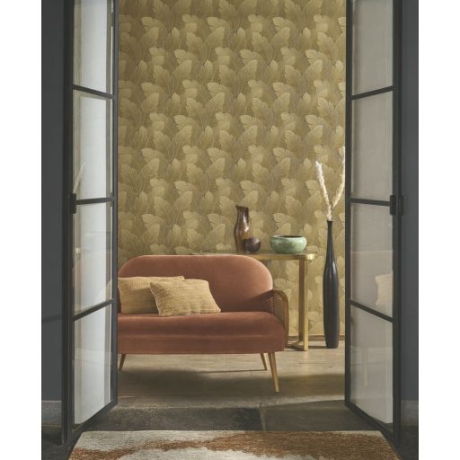 Könnyedén lebegő nagy texturált levelek mintája forradalmasítja a teret aranyló-dohánybarna és bronz árnyalatok tapéta