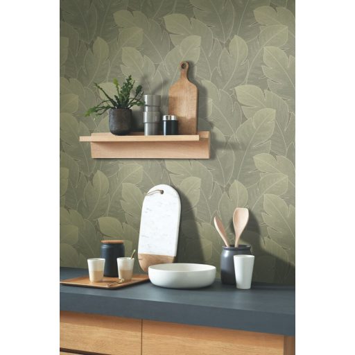 Könnyedén lebegő nagy texturált levelek mintája forradalmasítja a teret levél és olajzöld tónus tapéta