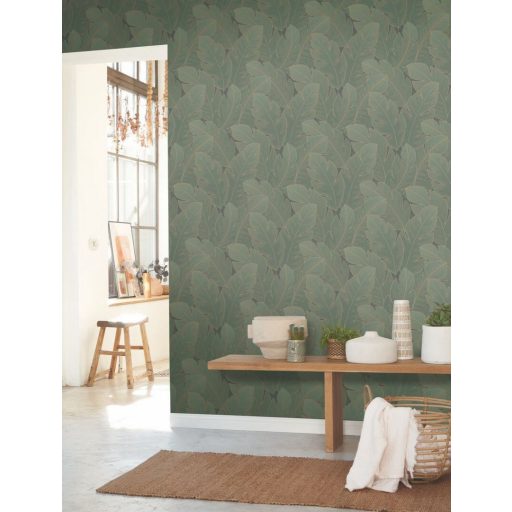 Könnyedén lebegő nagy texturált levelek mintája forradalmasítja a teret smaragdzöld olívzöld és arany tónus tapéta