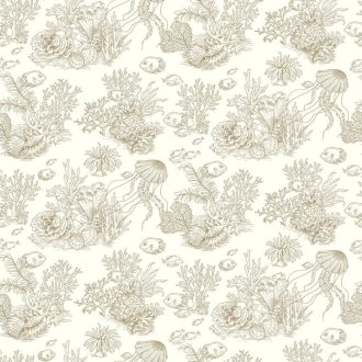   Egzotikus halaktól hemzsegő korallzátony toile de Jouy textil alapon törtfehér és bézses-barna tónus tapéta