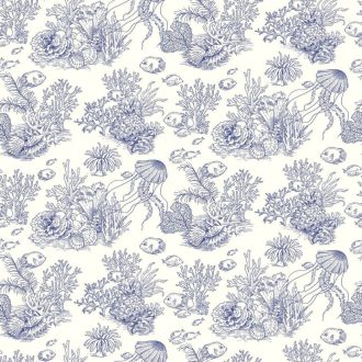   Egzotikus halaktól hemzsegő korallzátony toile de Jouy textil alapon krémfehér indigó/ultramarinkék tónus tapéta