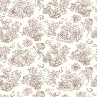   Egzotikus halaktól hemzsegő korallzátony toile de Jouy textil alapon krémfehér és rákvörös/barnásvörös tónus tapéta