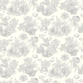   Egzotikus halaktól hemzsegő korallzátony toile de Jouy textil alapon törtfehér és sirály/grafitszürke tónus tapéta