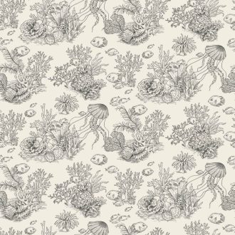   Egzotikus halaktól hemzsegő korallzátony toile de Jouy textil alapon törtfehér és antracit/szénfekete tónus tapéta