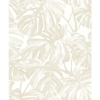   Nagyvonalú stilizált Monstera levélmotívum lágyan megcsillanó fémes részletekkel világosbézs lenszín és törtfehér tónus tapéta