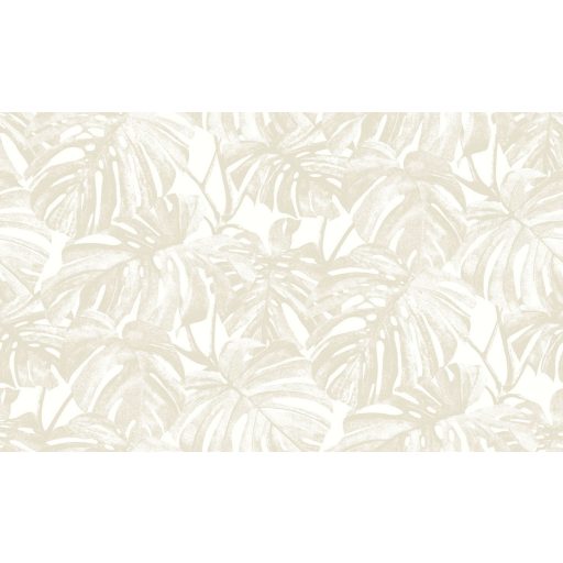 Nagyvonalú stilizált Monstera levélmotívum lágyan megcsillanó fémes részletekkel világosbézs lenszín és törtfehér tónus tapéta