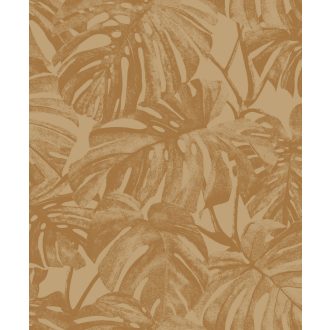   Nagyvonalú stilizált Monstera levélmotívum lágyan megcsillanó fémes részletekkel karamell bronzos-barna és aranyló-bézs tónus tapéta