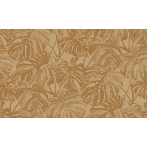 Nagyvonalú stilizált Monstera levélmotívum lágyan megcsillanó fémes részletekkel karamell bronzos-barna és aranyló-bézs tónus tapéta