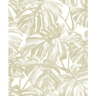   Nagyvonalú stilizált Monstera levélmotívum lágyan megcsillanó fémes részletekkel törtfehér zöldarany/aranyló-zúzmózöld tónus tapéta