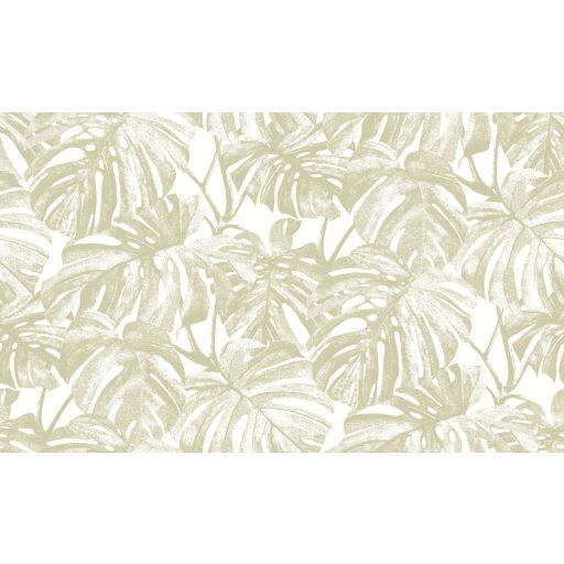 Nagyvonalú stilizált Monstera levélmotívum lágyan megcsillanó fémes részletekkel törtfehér zöldarany/aranyló-zúzmózöld tónus tapéta