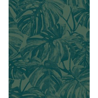   Nagyvonalú stilizált Monstera levélmotívum lágyan megcsillanó fémes részletekkel erdő/tajgazöld és smaragdzöld tónus tapéta