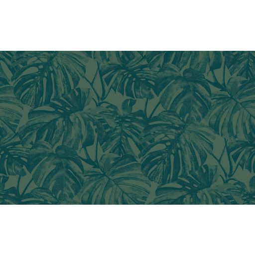 Nagyvonalú stilizált Monstera levélmotívum lágyan megcsillanó fémes részletekkel erdő/tajgazöld és smaragdzöld tónus tapéta