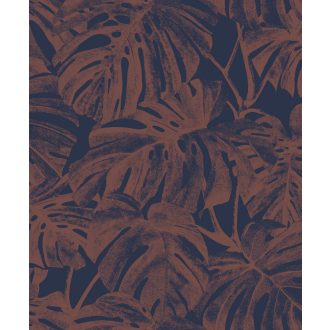   Nagyvonalú stilizált Monstera levélmotívum lágyan megcsillanó fémes részletekkel tintakék cseresznye bronzos vörösesbarna tónus tapéta