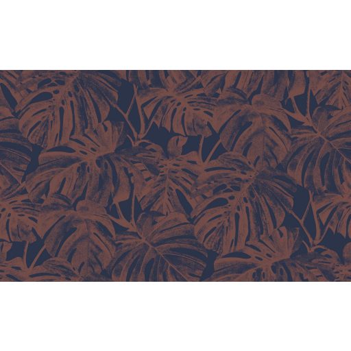 Nagyvonalú stilizált Monstera levélmotívum lágyan megcsillanó fémes részletekkel tintakék cseresznye bronzos vörösesbarna tónus tapéta