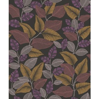   Brazil esőerdő lombkoronája grafikus levélmotívum formájában símul a falra fekete lila okker szürke és fehér tónus fémes hatás tapéta