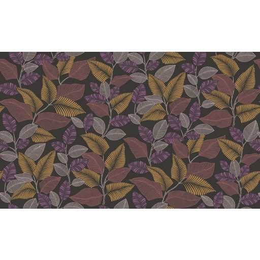 Brazil esőerdő lombkoronája grafikus levélmotívum formájában símul a falra fekete lila okker szürke és fehér tónus fémes hatás tapéta