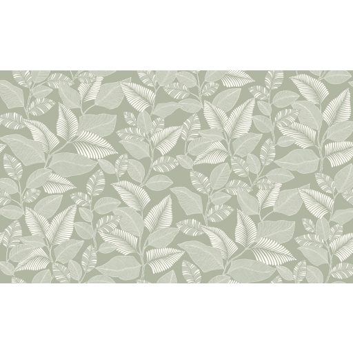 Brazil esőerdő lombkoronája grafikus levélmotívum formájában símul a falra celadon - halvány zöld zsálya menta és törtfehér tónus tapéta