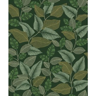   Brazil esőerdő lombkoronája grafikus levélmotívum formájában símul a falra lombzöld olívzöld bézs és törtfehér tónus tapéta
