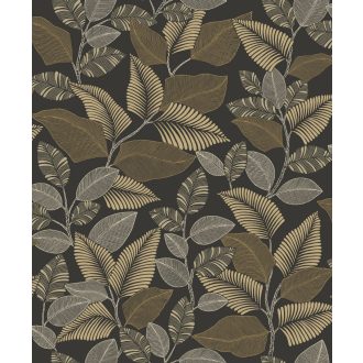   Brazil esőerdő lombkoronája grafikus levélmotívum formájában símul a falra antracit grafit aranybarna bézs és arany fémes csillogás tapéta