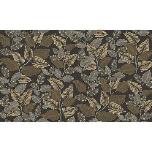 Brazil esőerdő lombkoronája grafikus levélmotívum formájában símul a falra antracit grafit aranybarna bézs és arany fémes csillogás tapéta