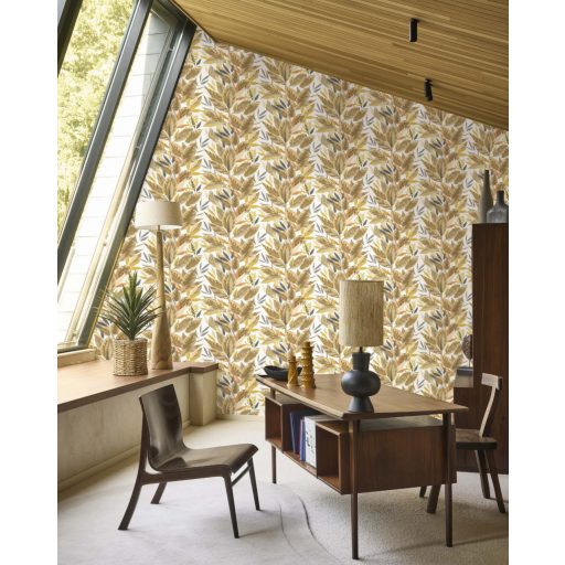 Természetes "függöny" fikusz levelekből dinamikusan rétegzett digitális nyomású minta lenszín szürkésbarna homok és olívzöld tónus tapéta