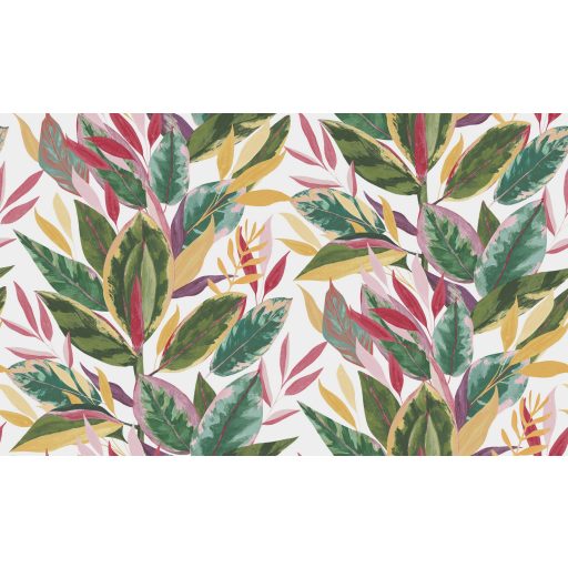 Természetes "függöny" fikusz levelekből dinamikusan rétegzett digitális nyomású minta fehér fuchsia bíbor korall narancs és pink tónus tapéta