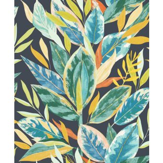   Természetes "függöny" fikusz levelekből dinamikusan rétegzett digitális nyomású minta tintakék világoskék türkiz sárga és zöld tónus tapéta